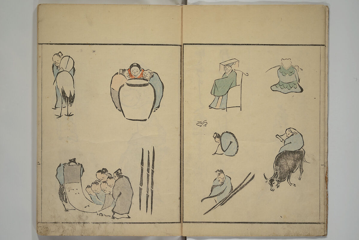 How to Draw Figures Simply (Jinbutsu ryakugashiki) 人物略画式, Kuwagata Keisai 鍬形蕙斎 (Japanese, 1764–1824), Set of three woodblock printed books; ink and color on paper, Japan 