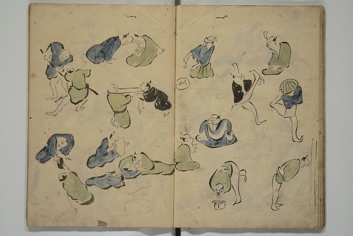 How to Draw Figures Simply (Jinbutsu ryakugashiki) 人物略画式, Kuwagata Keisai 鍬形蕙斎 (Japanese, 1764–1824), Woodblock printed book; ink and color on paper, Japan
