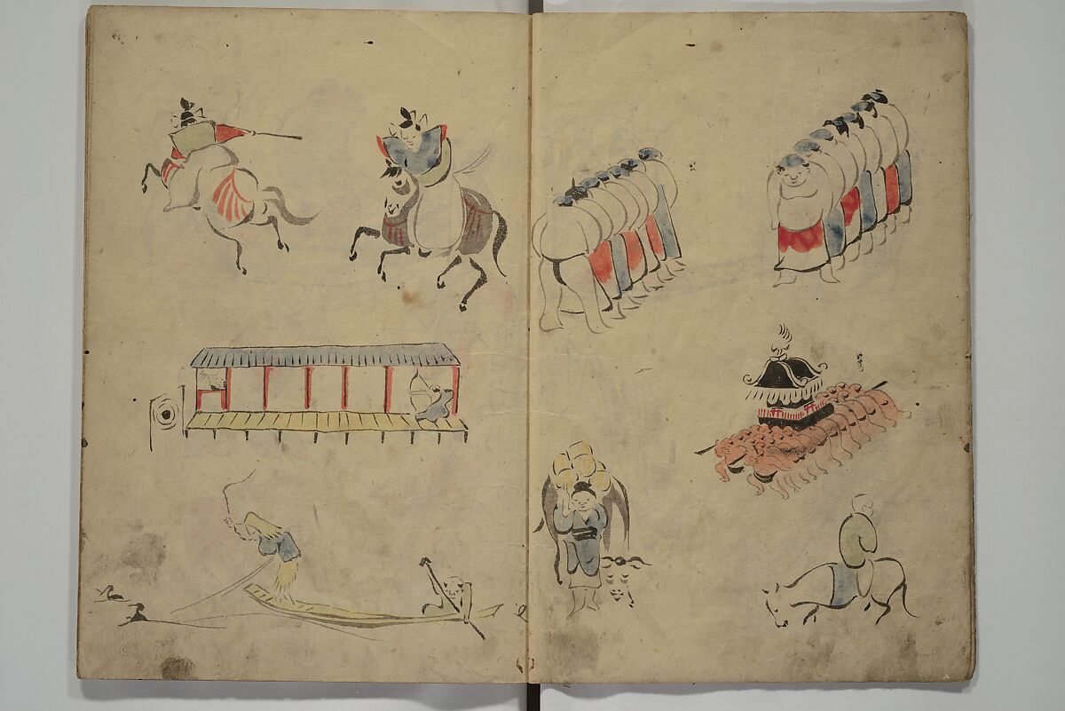 How to Draw Figures Simply (Jinbutsu ryakugashiki) 人物略画式, Kuwagata Keisai 鍬形蕙斎 (Japanese, 1764–1824), Woodblock printed book; ink and color on paper, Japan