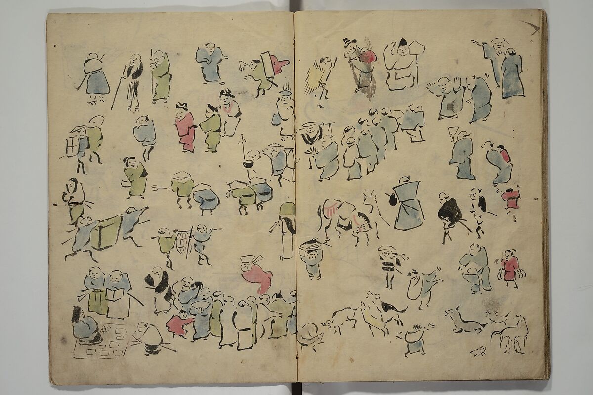How to Draw Figures Simply (Jinbutsu ryakugashiki) 人物略画式, Kuwagata Keisai 鍬形蕙斎 (Japanese, 1764–1824), Woodblock printed book; ink and color on paper, Japan