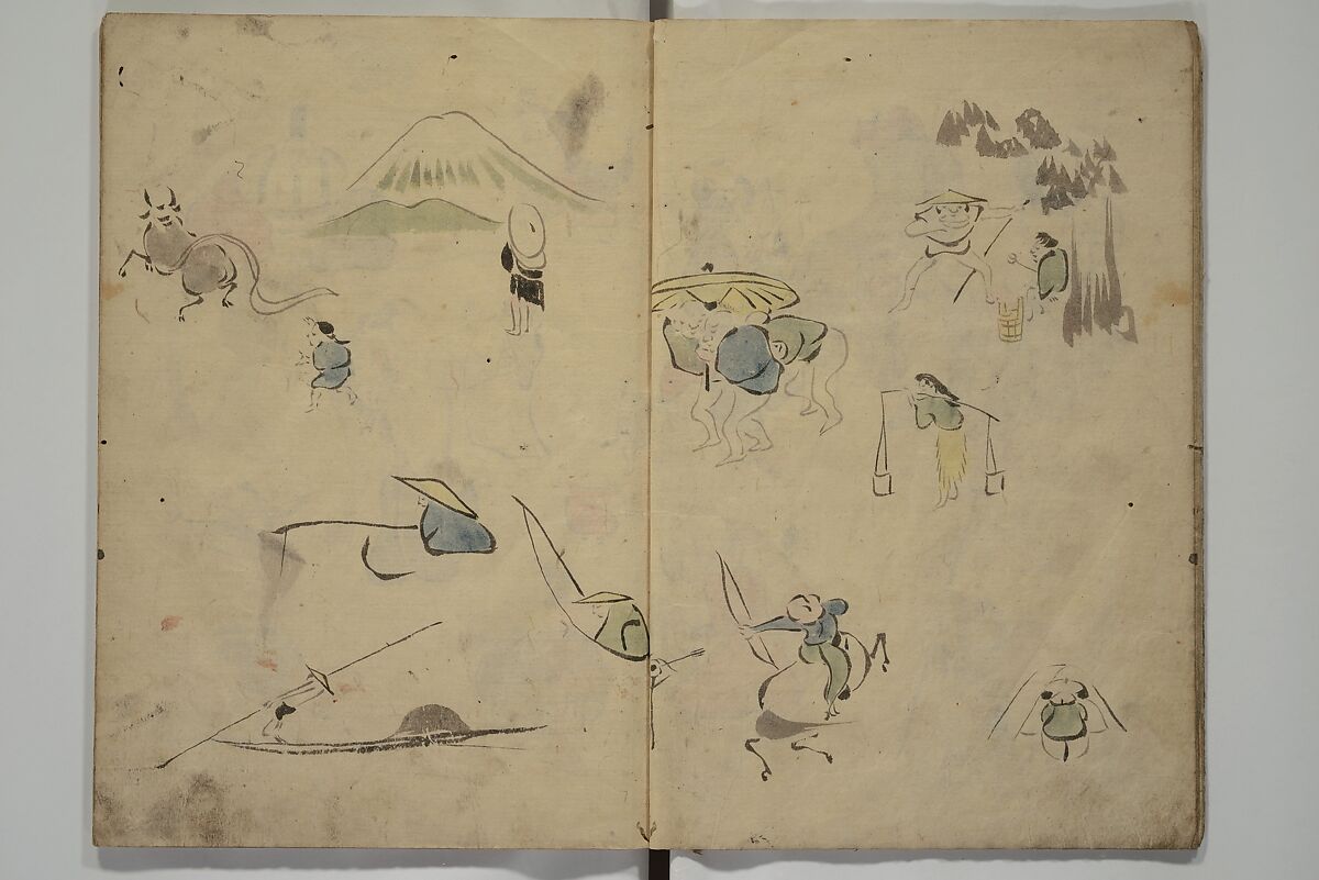 How to Draw Figures Simply (Jinbutsu ryakugashiki) 人物略画式, Kuwagata Keisai 鍬形蕙斎 (Japanese, 1764–1824), Woodblock printed book; ink and color on paper, Japan