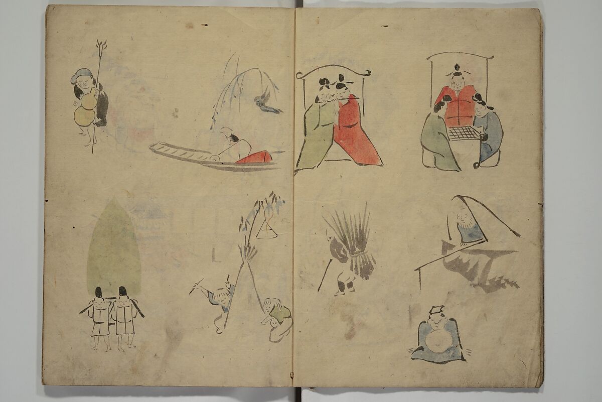 How to Draw Figures Simply (Jinbutsu ryakugashiki) 人物略画式, Kuwagata Keisai 鍬形蕙斎 (Japanese, 1764–1824), Woodblock printed book; ink and color on paper, Japan
