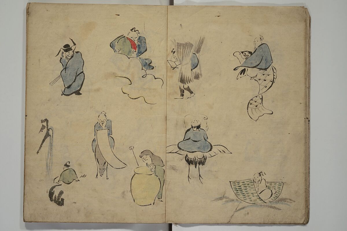 How to Draw Figures Simply (Jinbutsu ryakugashiki) 人物略画式, Kuwagata Keisai 鍬形蕙斎 (Japanese, 1764–1824), Woodblock printed book; ink and color on paper, Japan