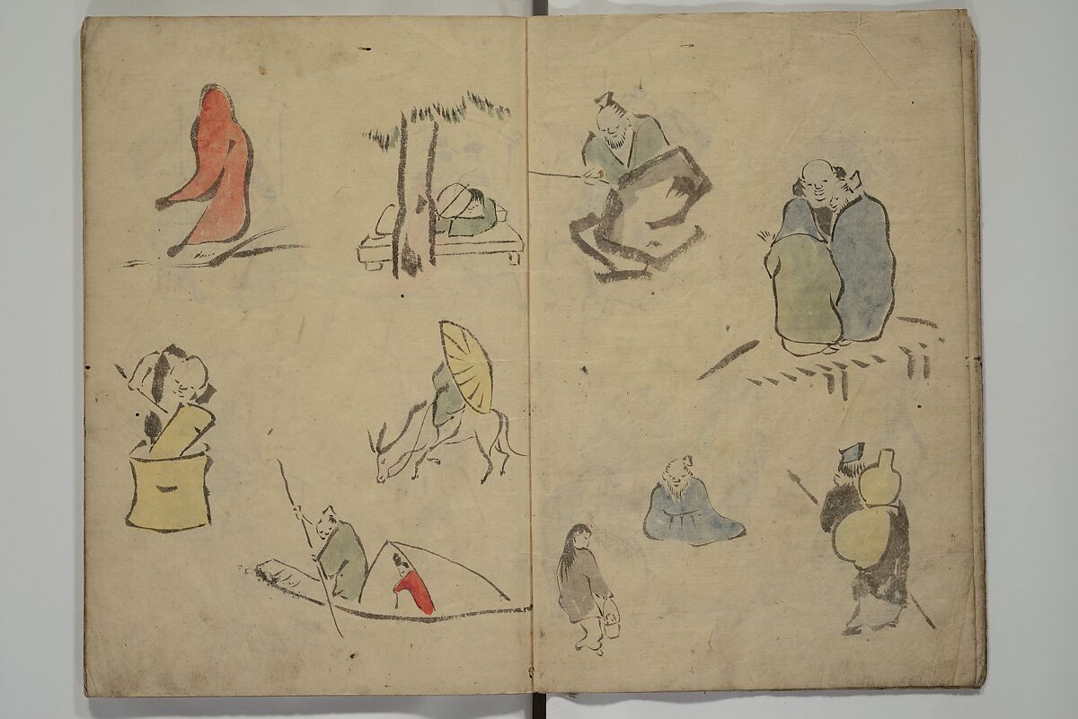 How to Draw Figures Simply (Jinbutsu ryakugashiki) 人物略画式, Kuwagata Keisai 鍬形蕙斎 (Japanese, 1764–1824), Woodblock printed book; ink and color on paper, Japan