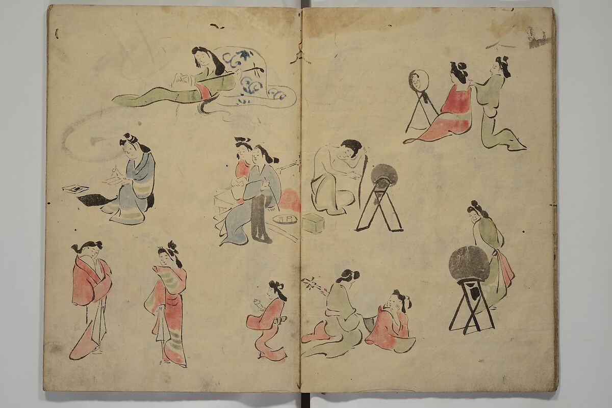 How to Draw Figures Simply (Jinbutsu ryakugashiki) 人物略画式, Kuwagata Keisai 鍬形蕙斎 (Japanese, 1764–1824), Woodblock printed book; ink and color on paper, Japan