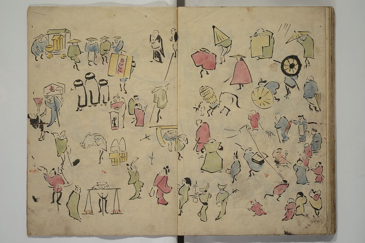 How to Draw Figures Simply (Jinbutsu ryakugashiki) 人物略画式, Kuwagata Keisai 鍬形蕙斎 (Japanese, 1764–1824), Woodblock printed book; ink and color on paper, Japan