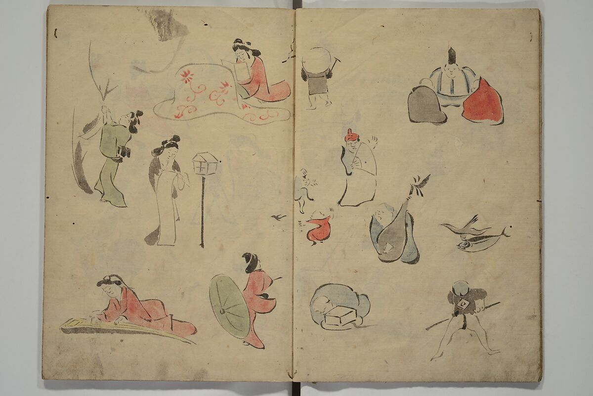 How to Draw Figures Simply (Jinbutsu ryakugashiki) 人物略画式, Kuwagata Keisai 鍬形蕙斎 (Japanese, 1764–1824), Woodblock printed book; ink and color on paper, Japan
