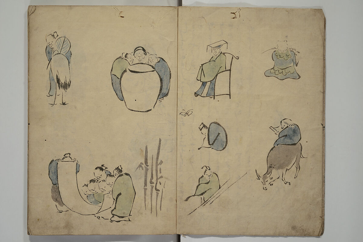 How to Draw Figures Simply (Jinbutsu ryakugashiki) 人物略画式, Kuwagata Keisai 鍬形蕙斎 (Japanese, 1764–1824), Woodblock printed book; ink and color on paper, Japan 