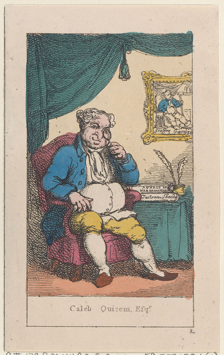 Portrait of Caleb Quizem, Esq., Thomas Rowlandson (British, London 1757–1827 London), Hand-colored etching 