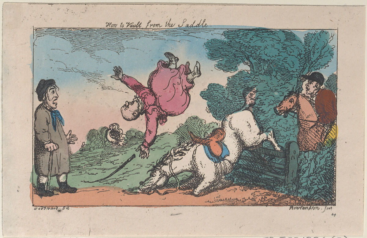 How to Vault from the Saddle, Thomas Rowlandson (British, London 1757–1827 London), Hand-colored etching 
