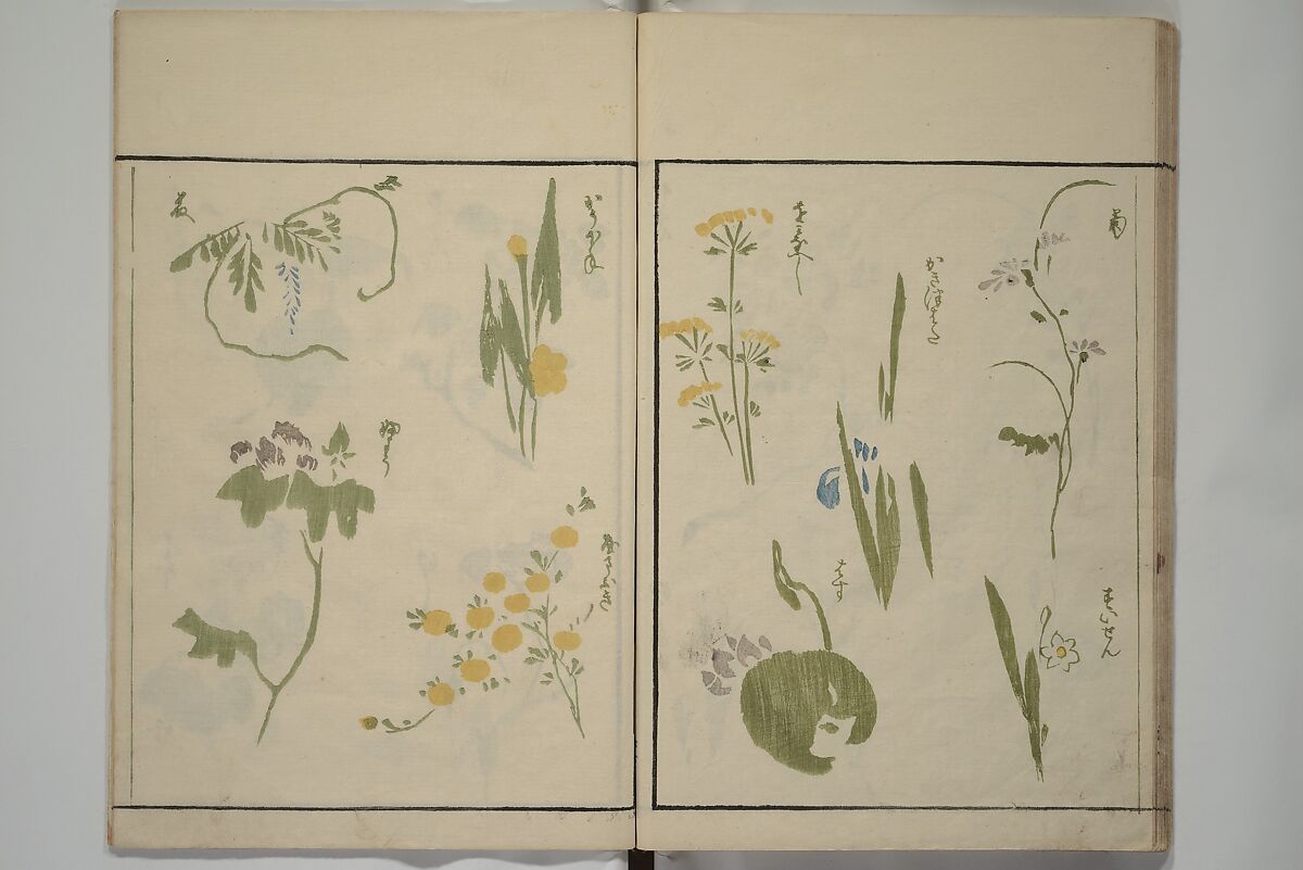 How to Draw Plants and Flowers Simply (Sōka ryakugashiki) 草花略画式, Kuwagata Keisai 鍬形蕙斎 (Japanese, 1764–1824), Woodblock printed book; ink and color on paper, Japan