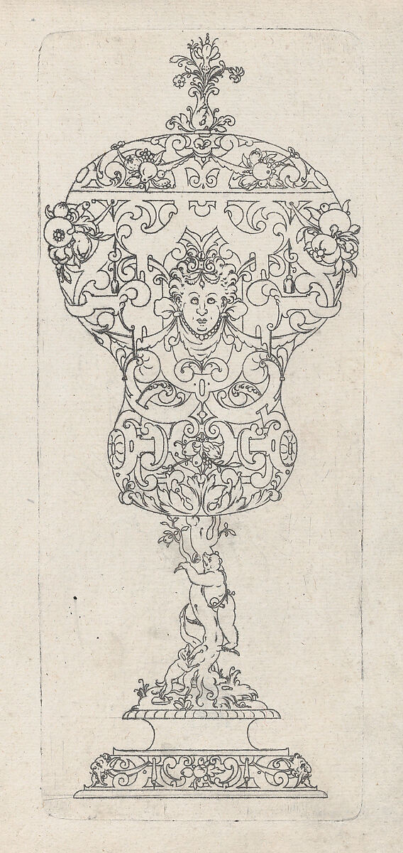 Covered Goblet, Pear shaped bidy on shaft og twisted tree-trunk with bear treed by dog, Jonas Silber (German, 1572–1590), Metalcut, dotted print 