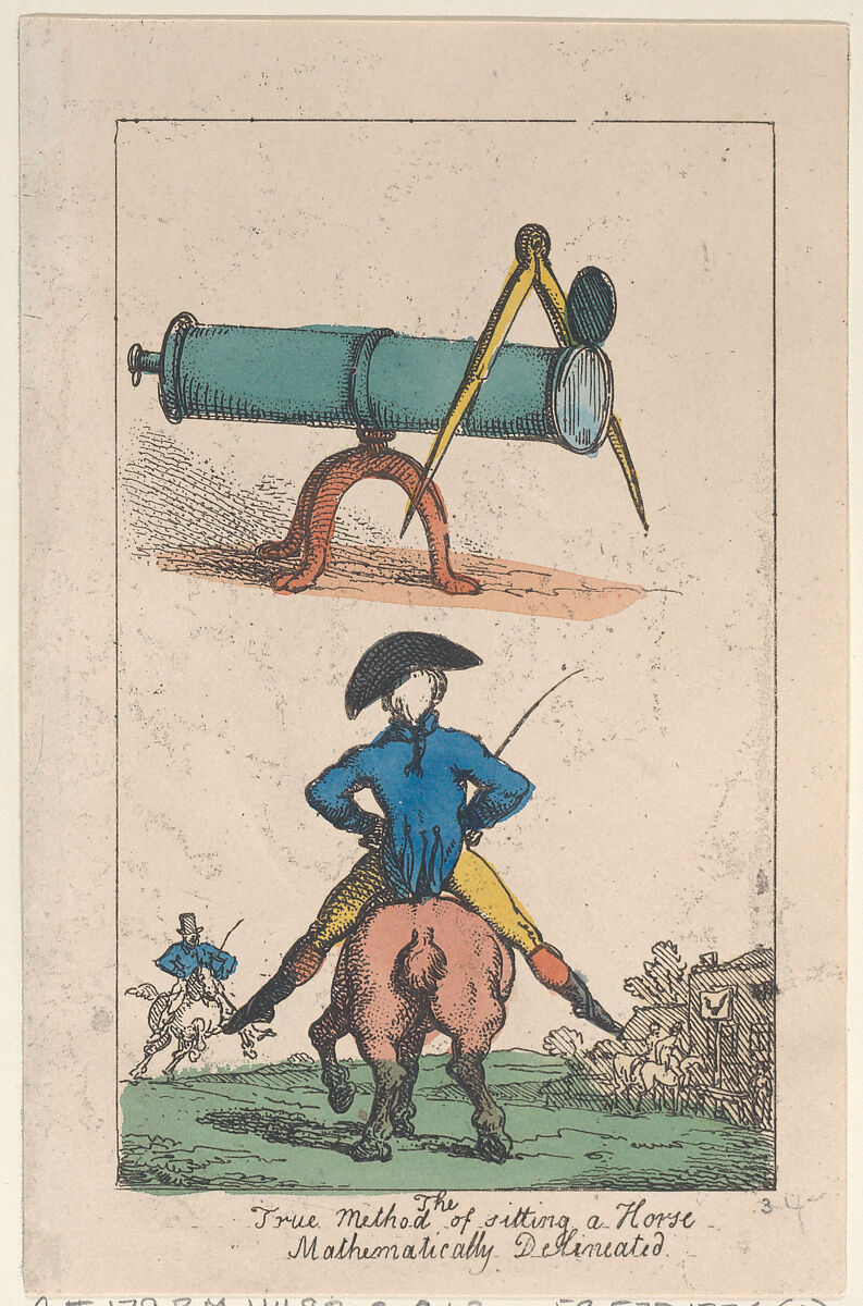The True Method of Sitting a Horse, Mathematically Delineated, Thomas Rowlandson (British, London 1757–1827 London), Hand-colored etching 