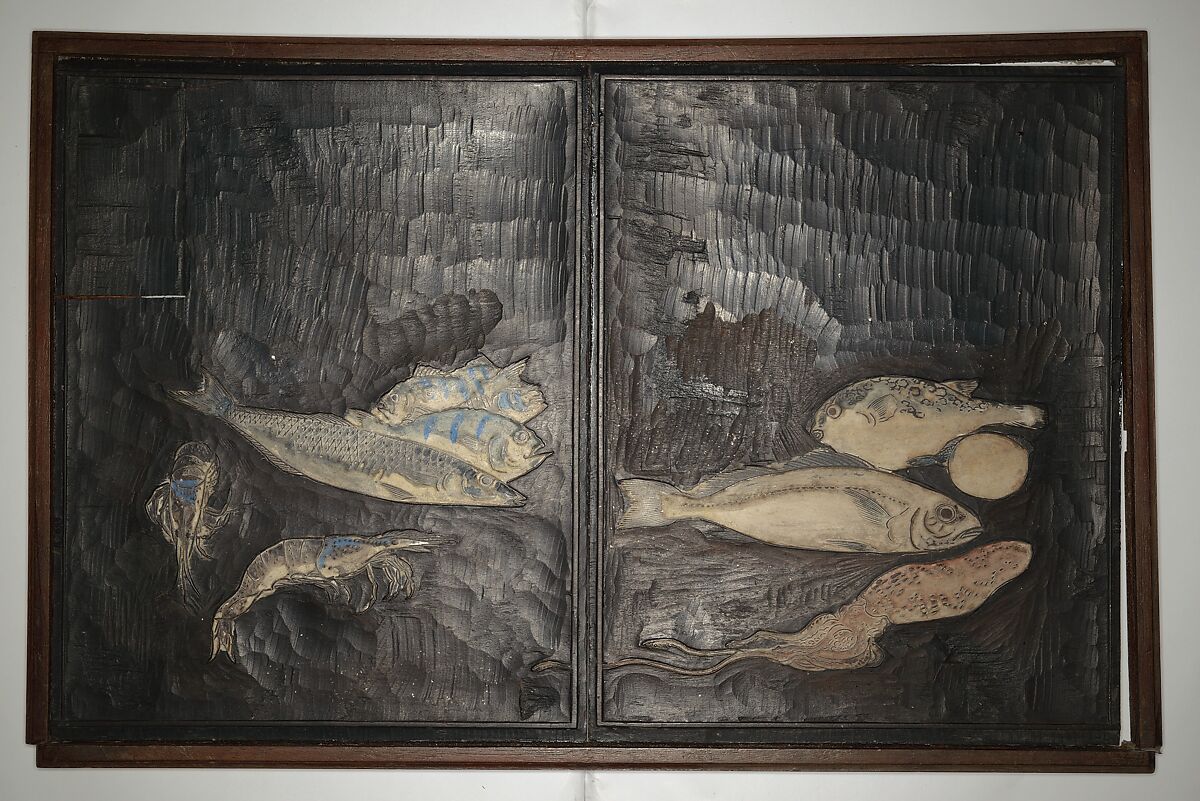 Original Woodblocks for the Servants of the Dragon King of the Sea: Fish and Shells (Tatsu no miyatsuko gyokai fu) 草花略画式, Kuwagata Keisai 鍬形蕙斎 (Japanese, 1764–1824), Four woodblocks for printed books, Japan