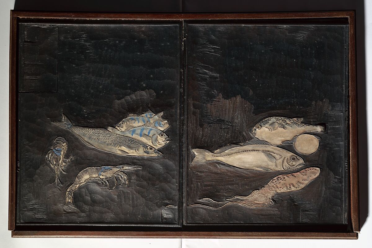 Original Woodblocks for the Servants of the Dragon King of the Sea: Fish and Shells (Tatsu no miyatsuko gyokai fu) 草花略画式, Kuwagata Keisai 鍬形蕙斎 (Japanese, 1764–1824), Four woodblocks for printed books, Japan