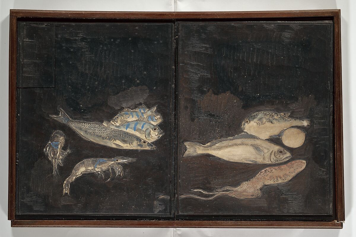 Original Woodblocks for the Servants of the Dragon King of the Sea: Fish and Shells (Tatsu no miyatsuko gyokai fu) 草花略画式, Kuwagata Keisai 鍬形蕙斎 (Japanese, 1764–1824), Four woodblocks for printed books, Japan