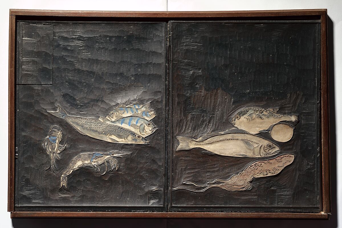 Original Woodblocks for the Servants of the Dragon King of the Sea: Fish and Shells (Tatsu no miyatsuko gyokai fu) 草花略画式, Kuwagata Keisai 鍬形蕙斎 (Japanese, 1764–1824), Four woodblocks for printed books, Japan