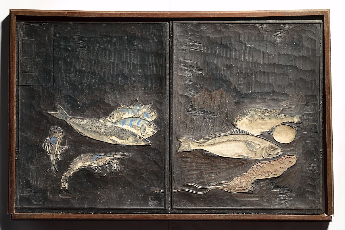 Original Woodblocks for the Servants of the Dragon King of the Sea: Fish and Shells (Tatsu no miyatsuko gyokai fu) 草花略画式, Kuwagata Keisai 鍬形蕙斎 (Japanese, 1764–1824), Four woodblocks for printed books, Japan