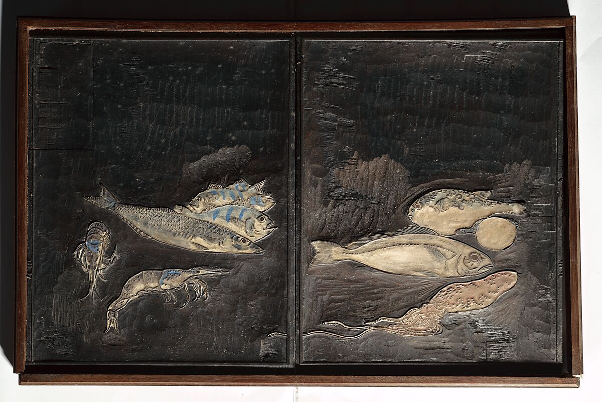 Original Woodblocks for the Servants of the Dragon King of the Sea: Fish and Shells (Tatsu no miyatsuko gyokai fu) 草花略画式, Kuwagata Keisai 鍬形蕙斎 (Japanese, 1764–1824), Four woodblocks for printed books, Japan