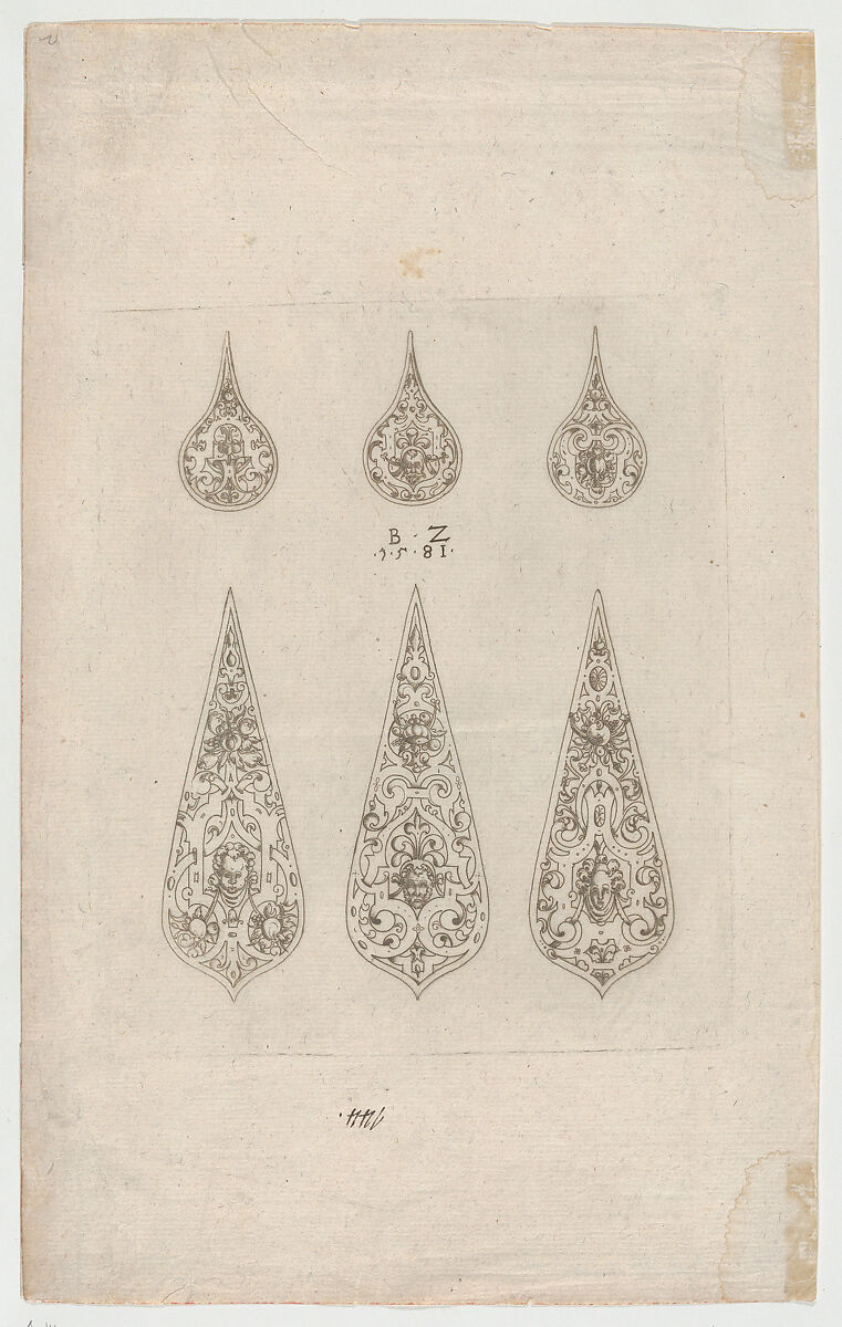 Ornamental design with grotesques, Bernhard Zan (German, active 1580–81), Metal cut, dotted print 