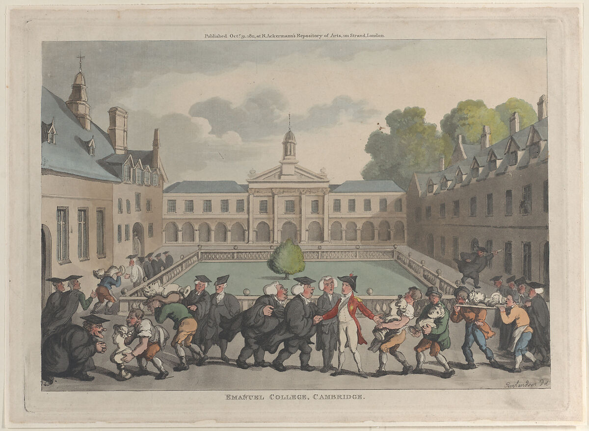 Emanuel College, Cambridge, Thomas Rowlandson (British, London 1757–1827 London), Hand-colored etching and aquatint 