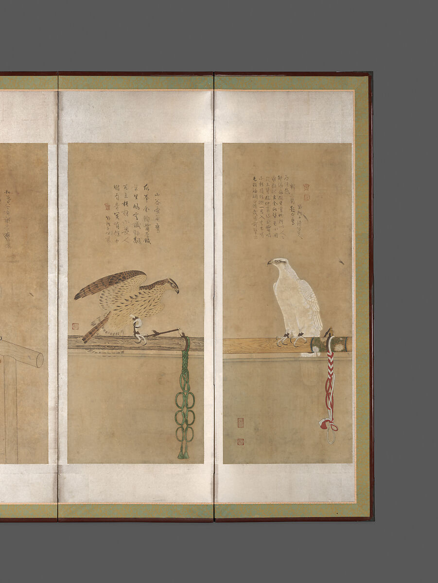 Tethered Hawks, Soga Chokuan (Japanese, active ca. 1596–1615), Twelve paintings mounted as a pair of six-panel folding screens; ink and color on paper, Japan