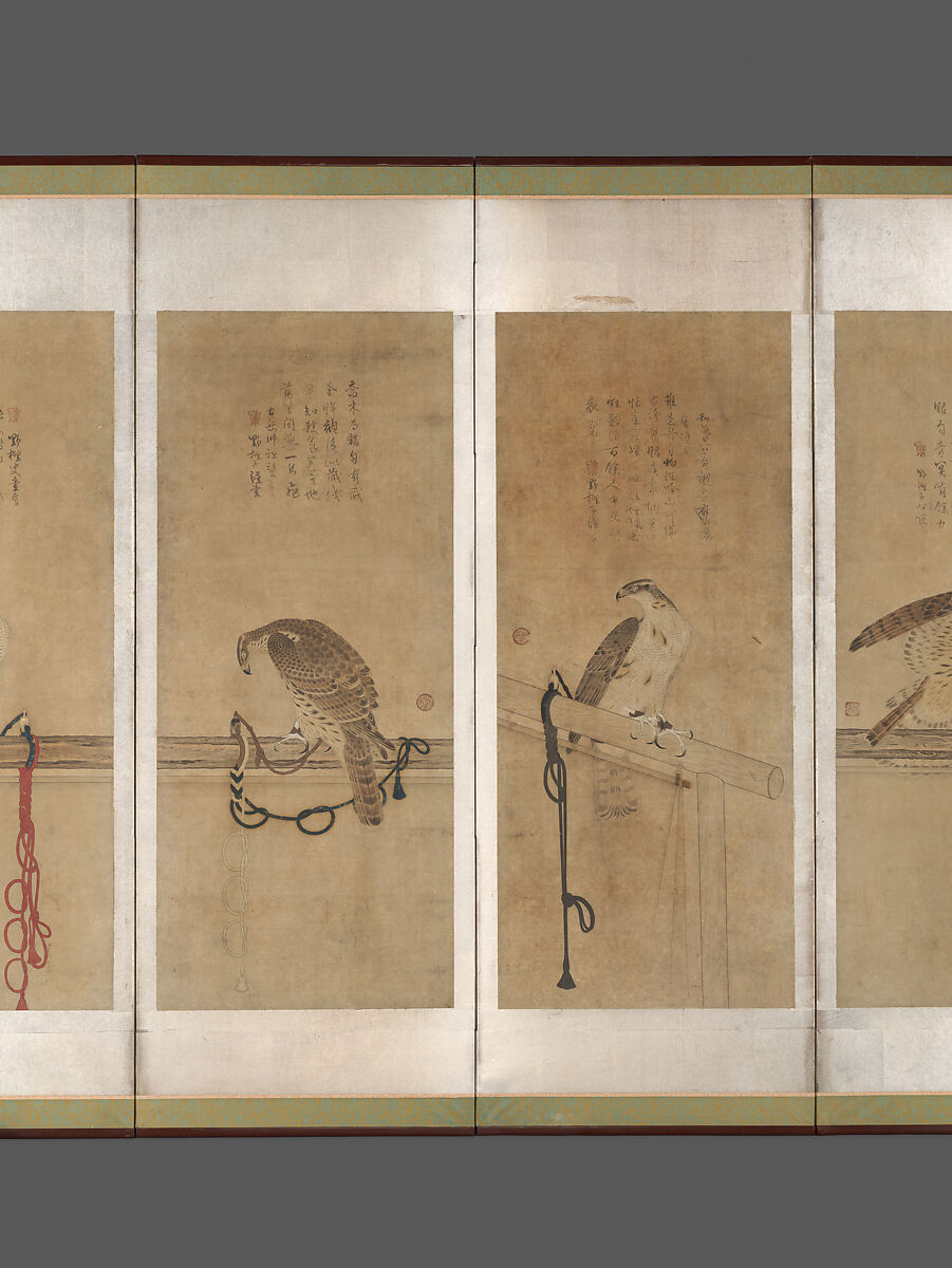 Tethered Hawks, Soga Chokuan (Japanese, active ca. 1596–1615), Twelve paintings mounted as a pair of six-panel folding screens; ink and color on paper, Japan