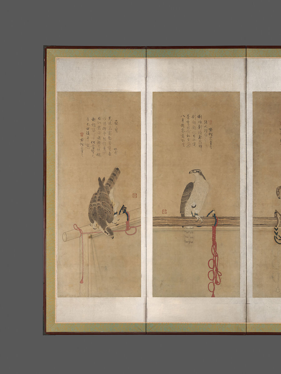Tethered Hawks, Soga Chokuan (Japanese, active ca. 1596–1615), Twelve paintings mounted as a pair of six-panel folding screens; ink and color on paper, Japan