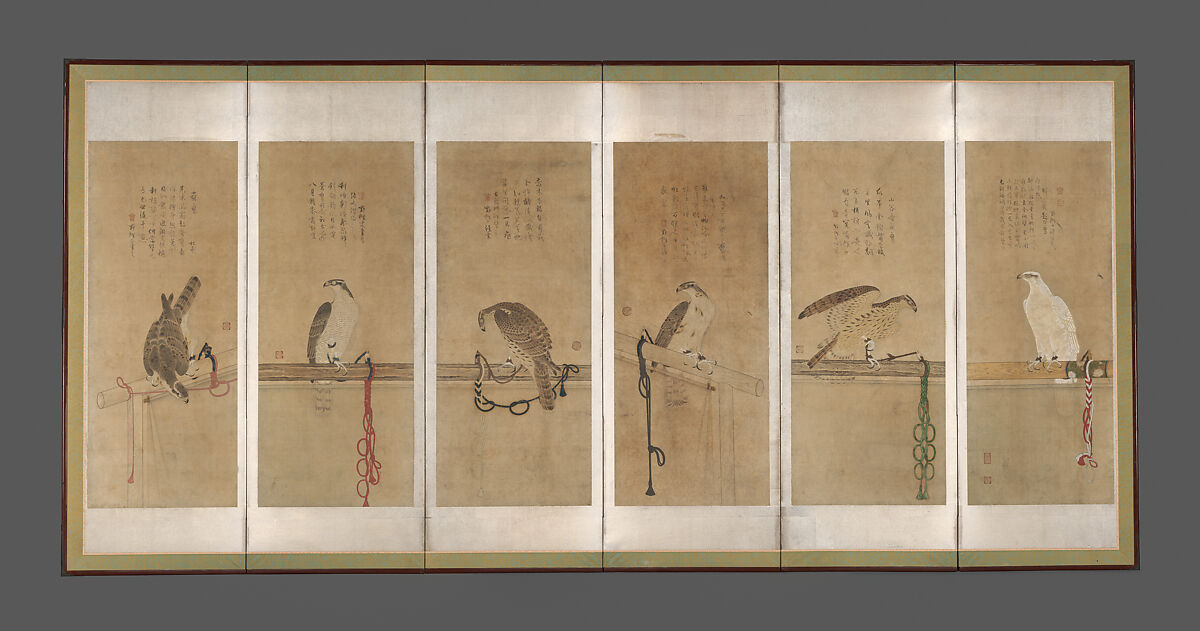 Tethered Hawks, Soga Chokuan  Japanese, Twelve paintings mounted as a pair of six-panel folding screens; ink and color on paper, Japan