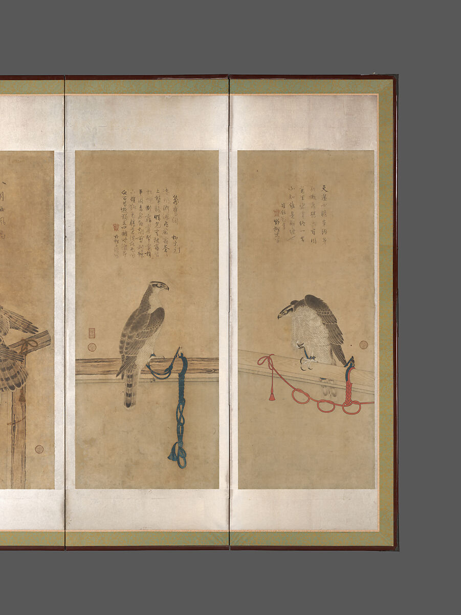 Tethered Hawks, Soga Chokuan (Japanese, active ca. 1596–1615), Twelve paintings mounted as a pair of six-panel folding screens; ink and color on paper, Japan
