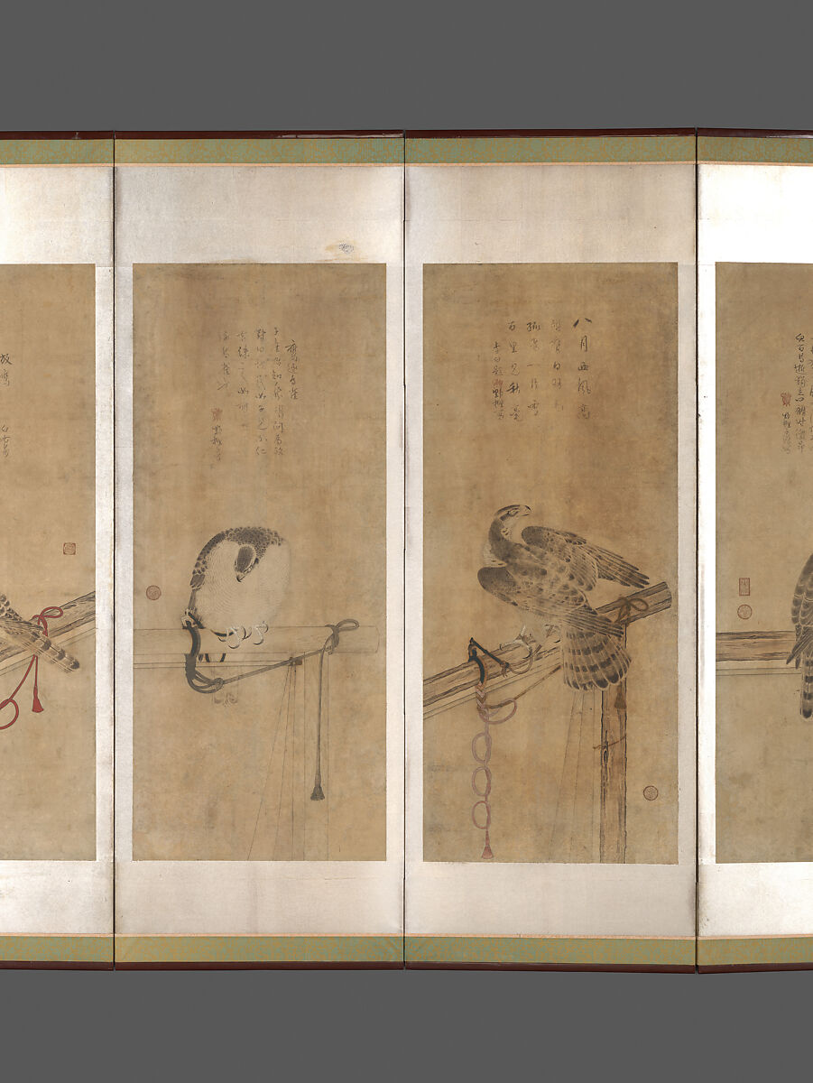 Tethered Hawks, Soga Chokuan (Japanese, active ca. 1596–1615), Twelve paintings mounted as a pair of six-panel folding screens; ink and color on paper, Japan