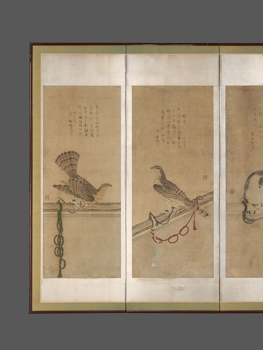 Tethered Hawks, Soga Chokuan (Japanese, active ca. 1596–1615), Twelve paintings mounted as a pair of six-panel folding screens; ink and color on paper, Japan