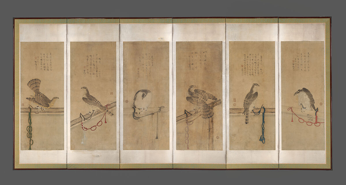 Tethered Hawks, Soga Chokuan (Japanese, active ca. 1596–1615), Twelve paintings mounted as a pair of six-panel folding screens; ink and color on paper, Japan