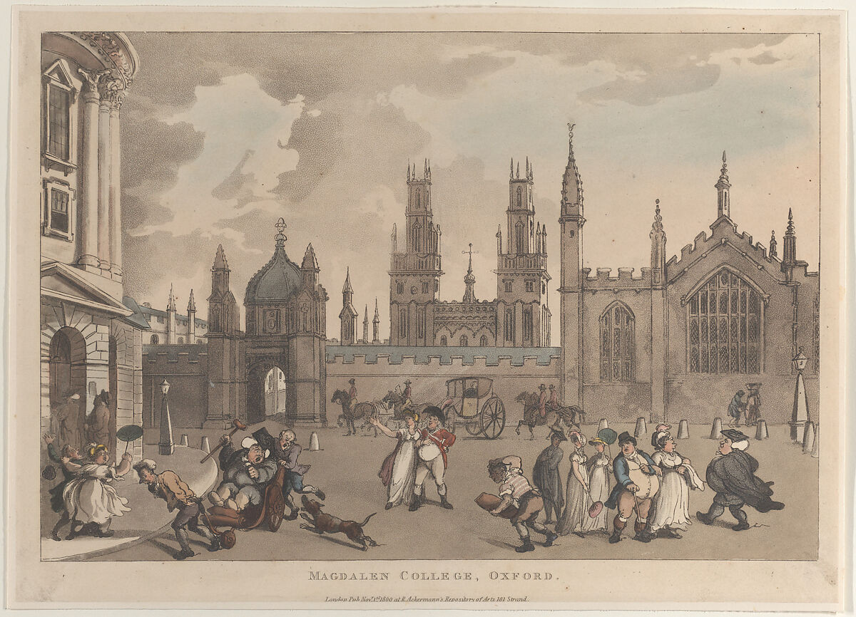 Magdalen College, Oxford, Thomas Rowlandson (British, London 1757–1827 London), Hand-colored etching and aquatint 