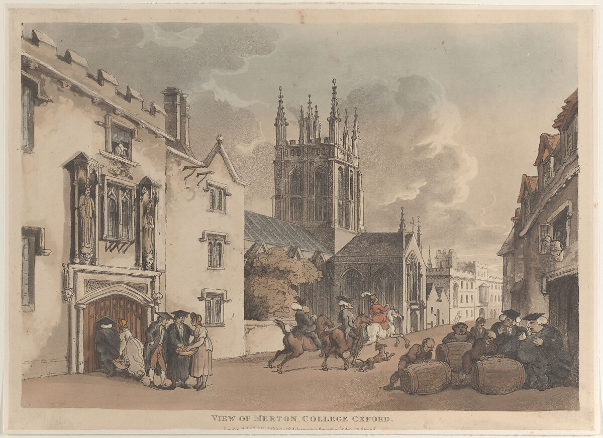 View of Merton College Oxford, Thomas Rowlandson (British, London 1757–1827 London), Hand-colored etching and aquatint 