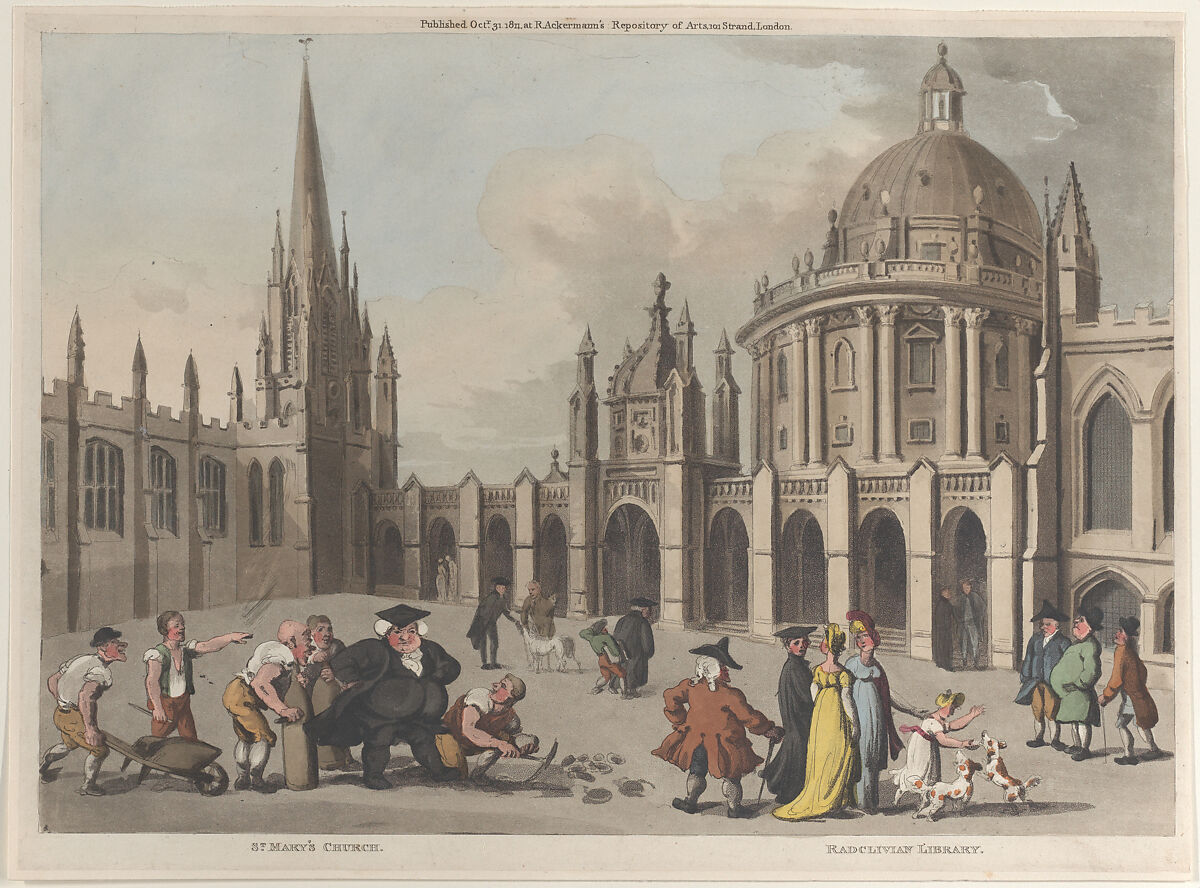 St. Mary's Church, Radclivian Library, Thomas Rowlandson (British, London 1757–1827 London), Hand-colored etching and aquatint 