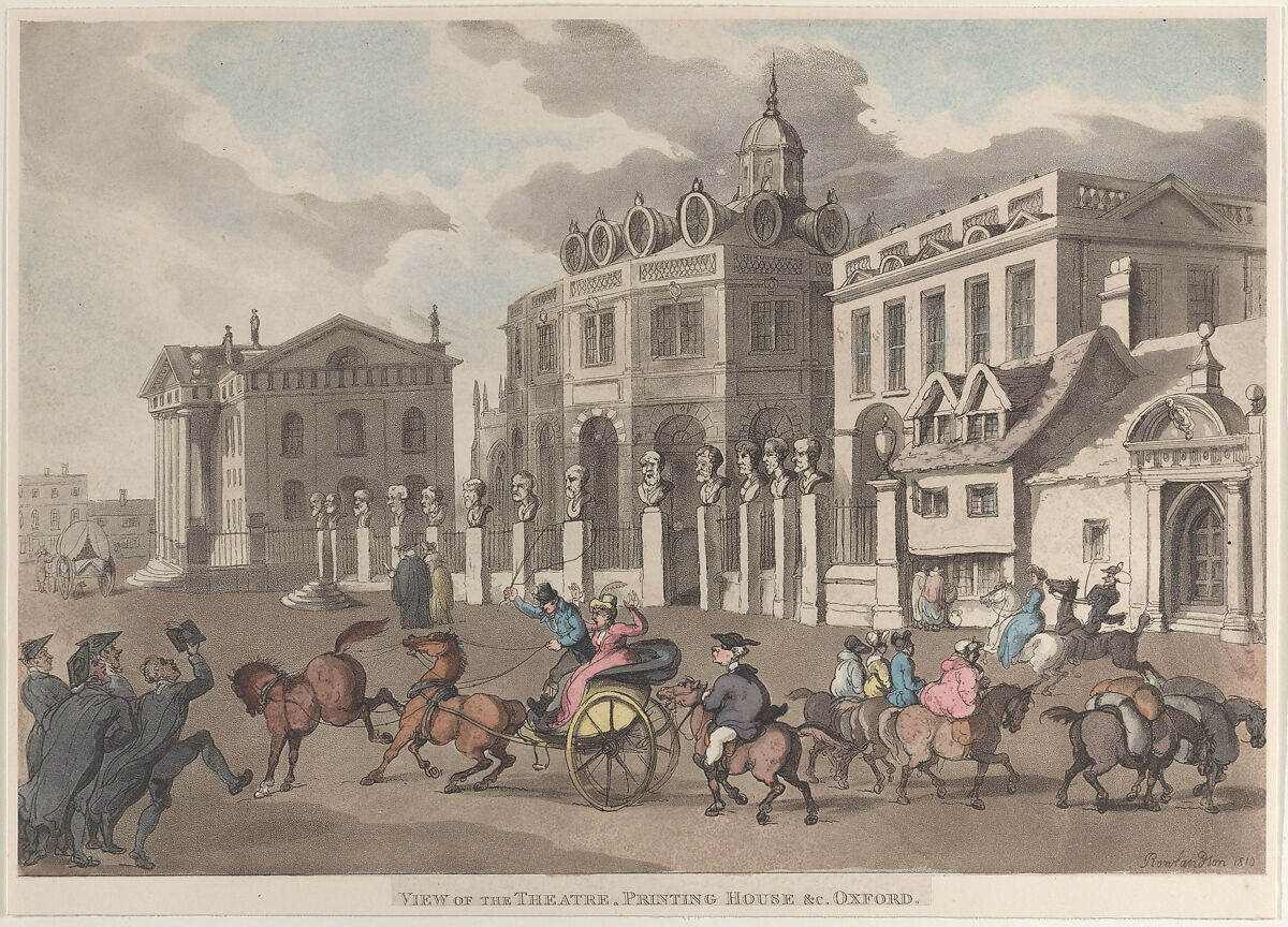 View of the Theatre, Printing House &c. Oxford, Thomas Rowlandson (British, London 1757–1827 London), Hand-colored etching and aquatint 
