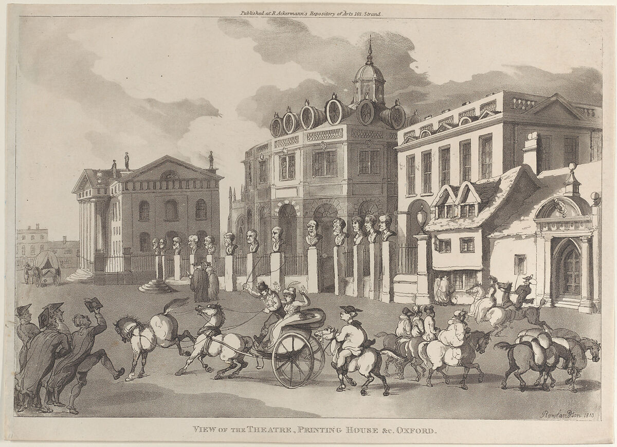 View of the Theatre, Printing House &c. Oxford, Thomas Rowlandson (British, London 1757–1827 London), Etching and aquatint 