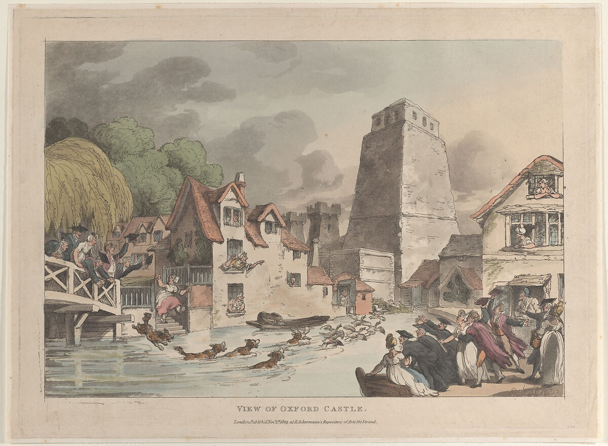 View of Oxford Castle, Thomas Rowlandson (British, London 1757–1827 London), Hand-colored etching and aquatint 