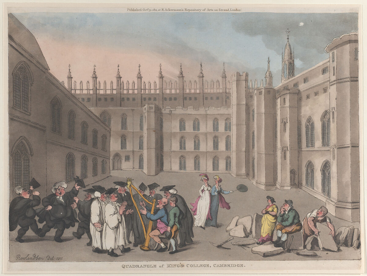 Quadrangle of King's College, Cambridge, Thomas Rowlandson (British, London 1757–1827 London), Hand-colored etching and aquatint 