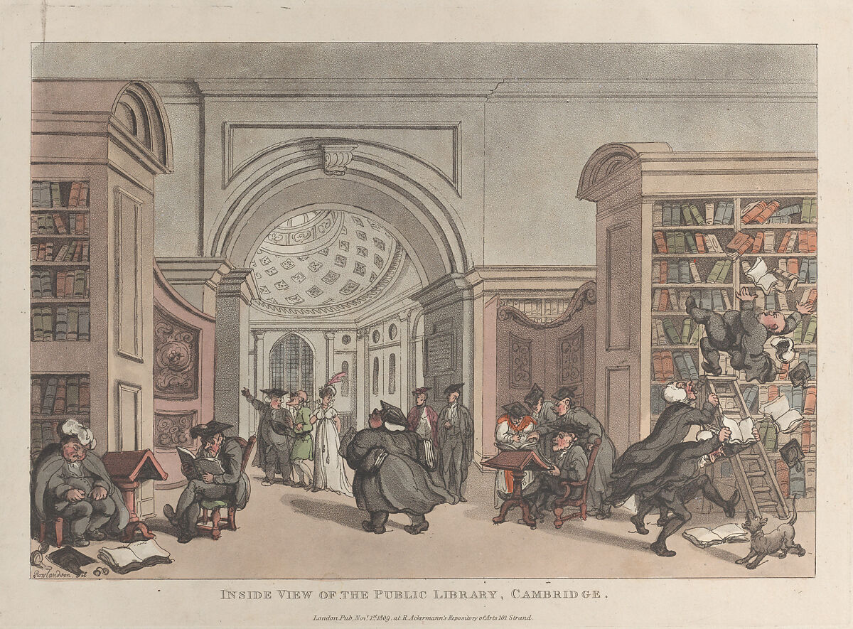 Inside View of the Public Library, Cambridge, Thomas Rowlandson (British, London 1757–1827 London), Hand-colored etching and aquatint 