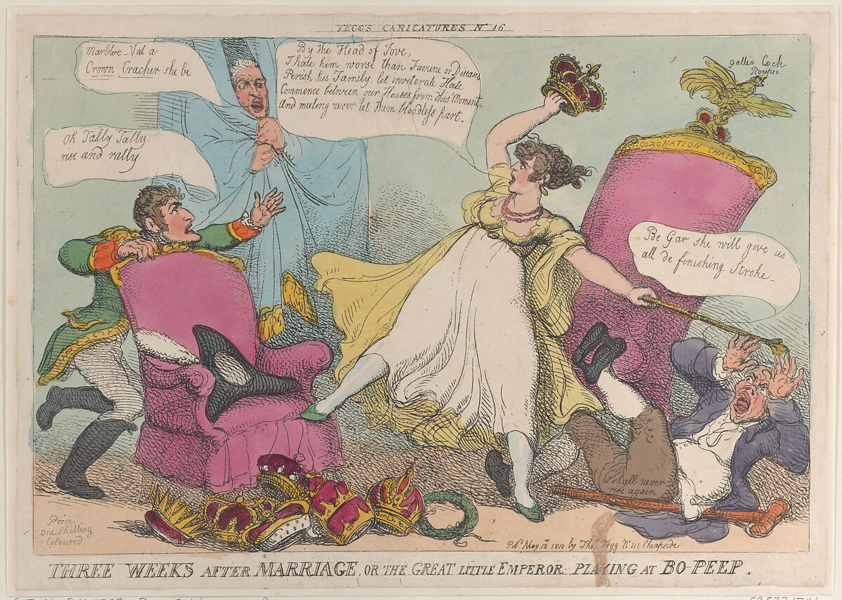 Three Weeks After Marriage, or the Great Little Emperor Playing at Bo-Peep, Thomas Rowlandson (British, London 1757–1827 London), Hand-colored etching 
