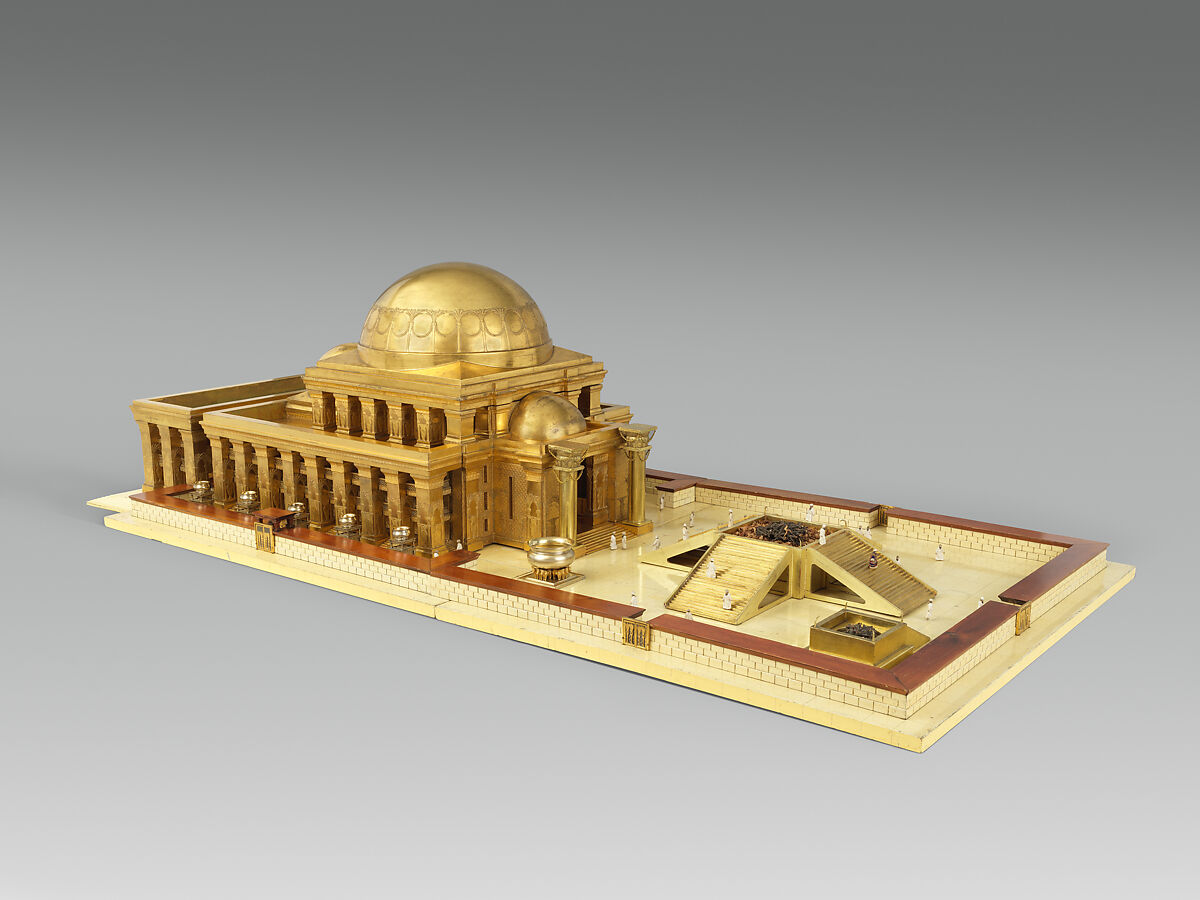 Architectural model of the temple of King Solomon in Jerusalem, After a design by Thomas Newberry, Gilded wood, gilded carton pierre; gilded silver, gilded bronze; enamel, linen, British, London 