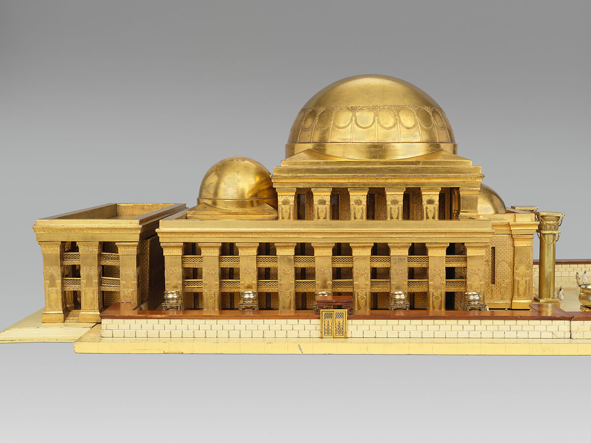 Architectural model of the temple of King Solomon in Jerusalem, After a design by Thomas Newberry, Gilded wood, gilded carton pierre; gilded silver, gilded bronze; enamel, linen, British, London
