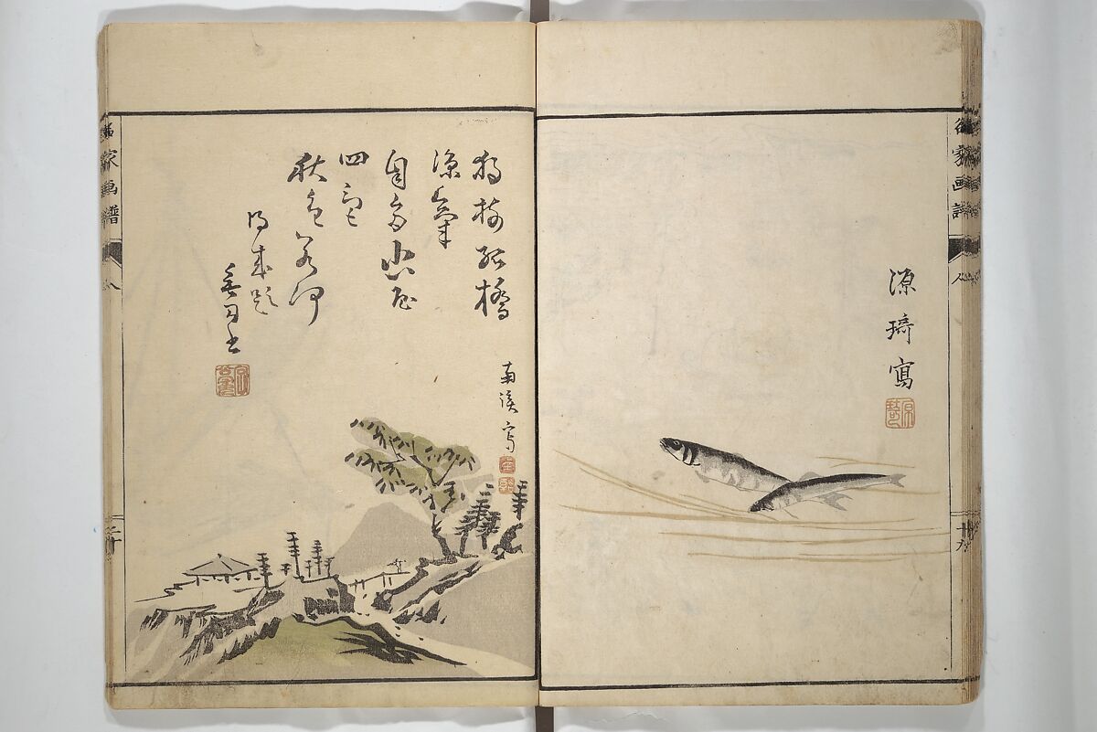 Pictures by Famous Artists (Meika gafu) 名家画譜, Yosa Buson 与謝蕪村 (Japanese, 1716–1783)  , and others, Set of two woodblock printed books; ink and color on paper, Japan