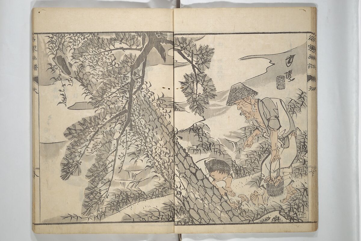 Pictures by Famous Artists (Meika gafu) 名家画譜, Yosa Buson 与謝蕪村 (Japanese, 1716–1783)  , and others, Set of two woodblock printed books; ink and color on paper, Japan