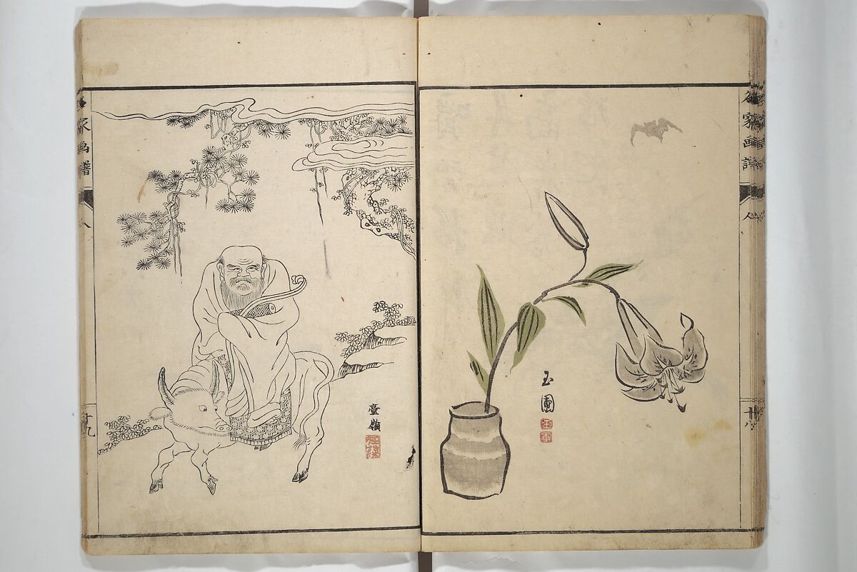 Pictures by Famous Artists (Meika gafu) 名家画譜, Yosa Buson 与謝蕪村 (Japanese, 1716–1783)  , and others, Set of two woodblock printed books; ink and color on paper, Japan