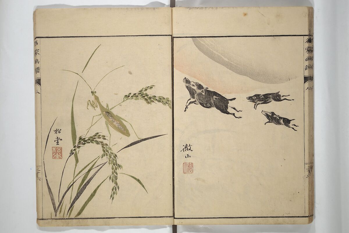 Pictures by Famous Artists (Meika gafu) 名家画譜, Yosa Buson 与謝蕪村 (Japanese, 1716–1783)  , and others, Set of two woodblock printed books; ink and color on paper, Japan