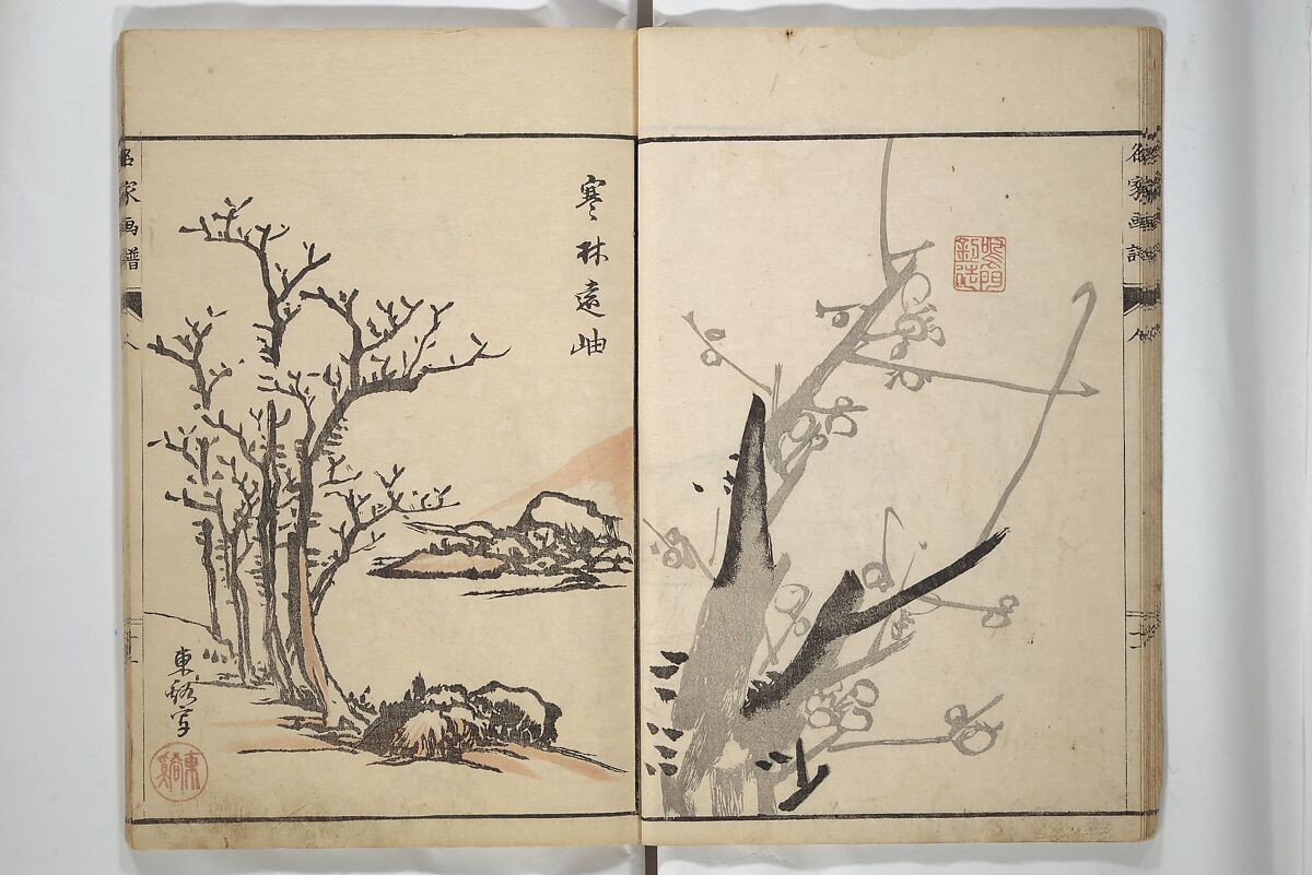 Pictures by Famous Artists (Meika gafu) 名家画譜, Yosa Buson 与謝蕪村 (Japanese, 1716–1783)  , and others, Set of two woodblock printed books; ink and color on paper, Japan