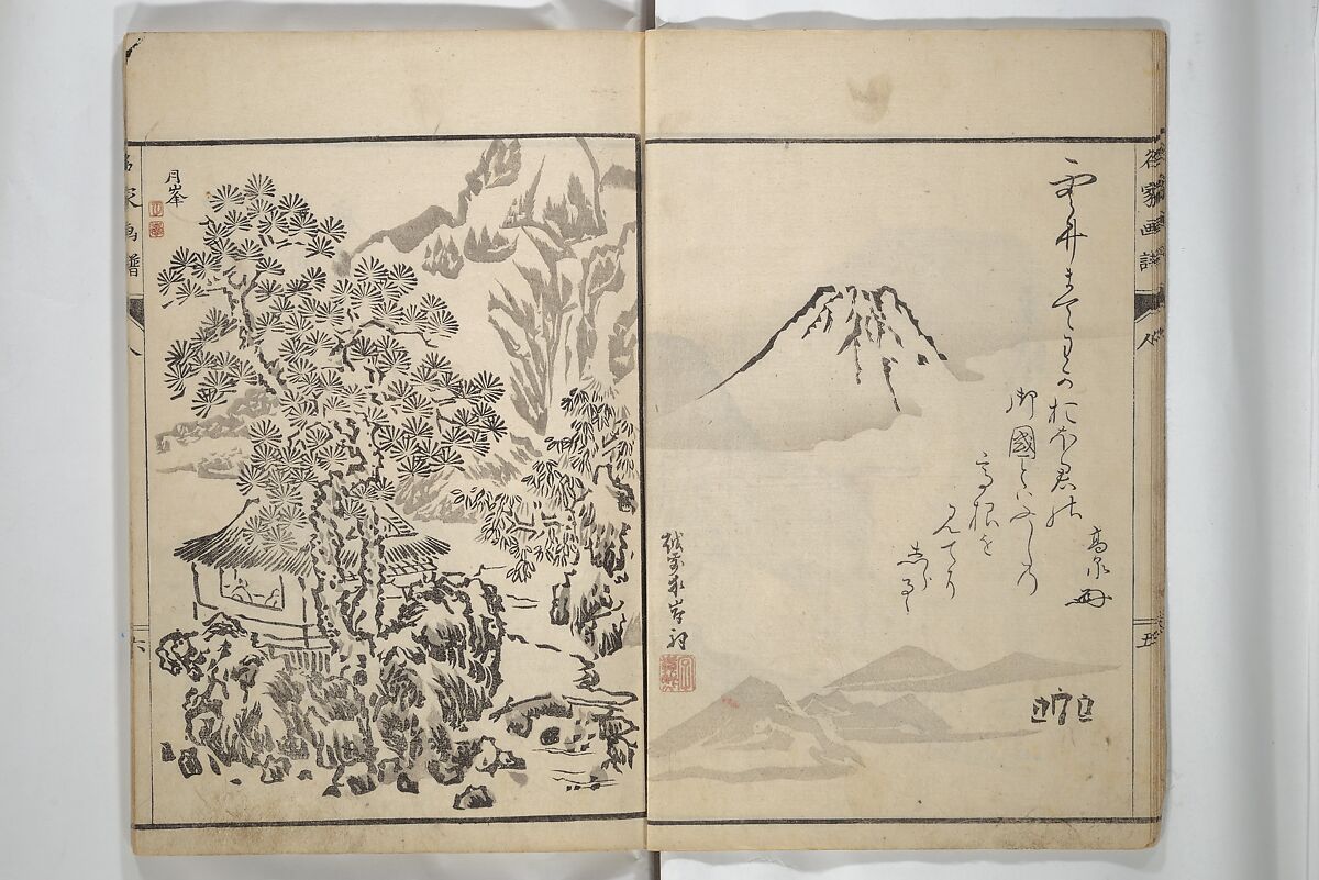 Pictures by Famous Artists (Meika gafu) 名家画譜, Yosa Buson 与謝蕪村 (Japanese, 1716–1783)  , and others, Set of two woodblock printed books; ink and color on paper, Japan